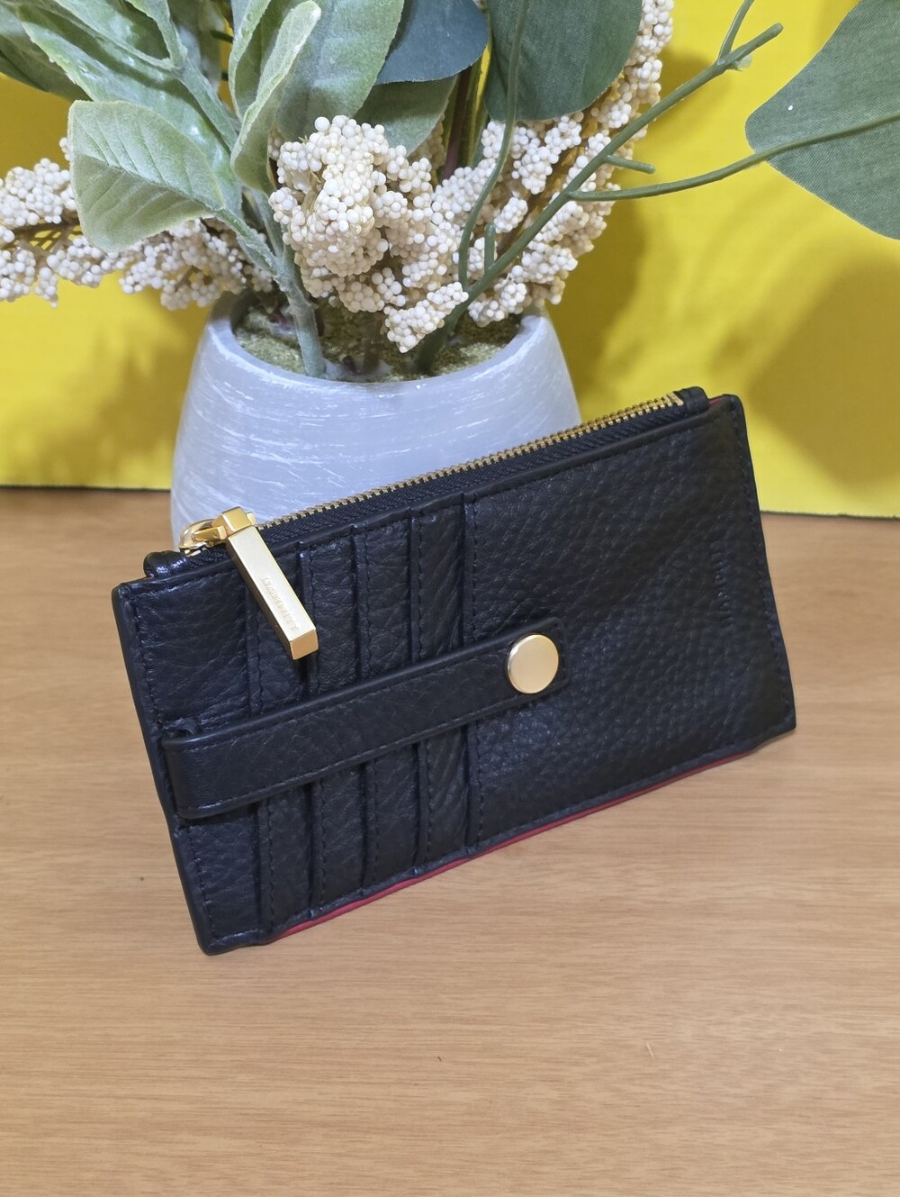 Hammitt 210 Black Leather Zip Card Wallet with Gold Accent